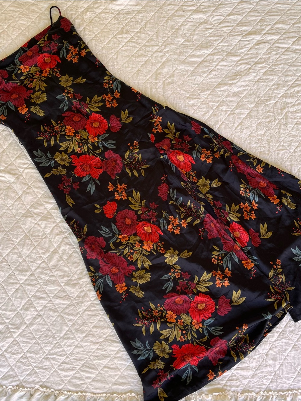 12th Tribe Black Floral Slip Dress with Red & Olive Floral Print